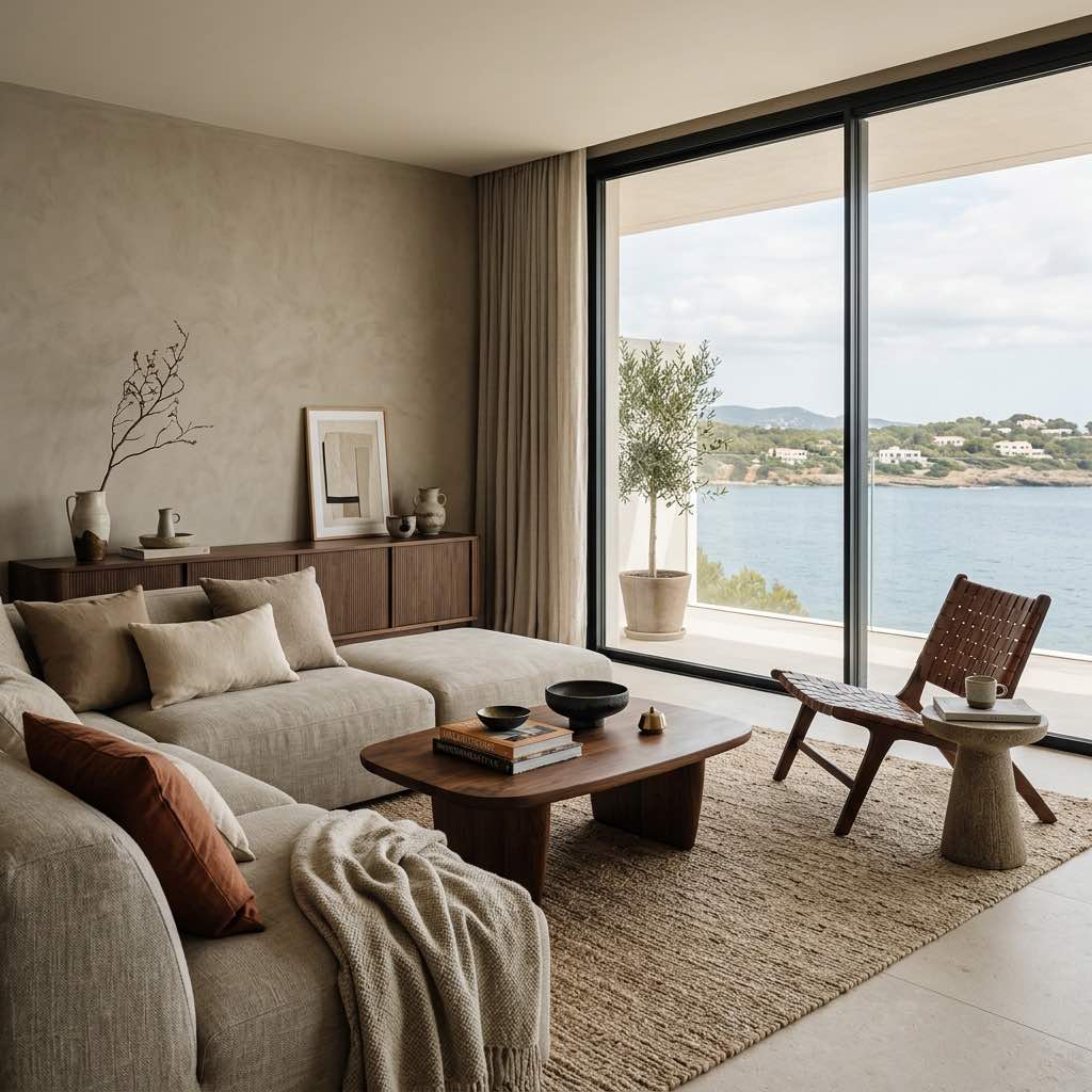 Salón con vistas al mar y muebles de nogal en Àtic D, Cala Llenya, Ibiza