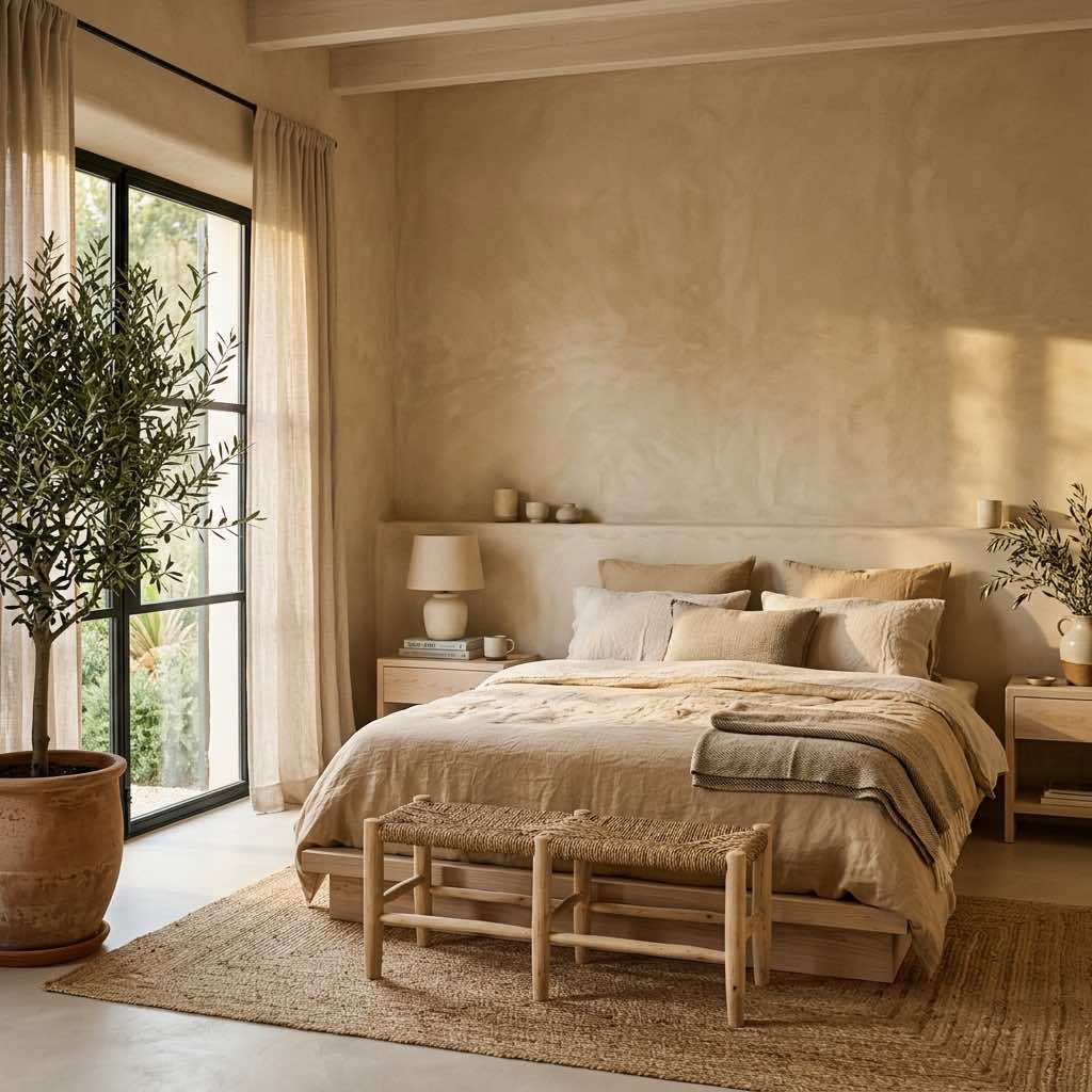 Dormitorio con cal esculpida y luz natural en Can Olivera, Sant Rafael, Ibiza