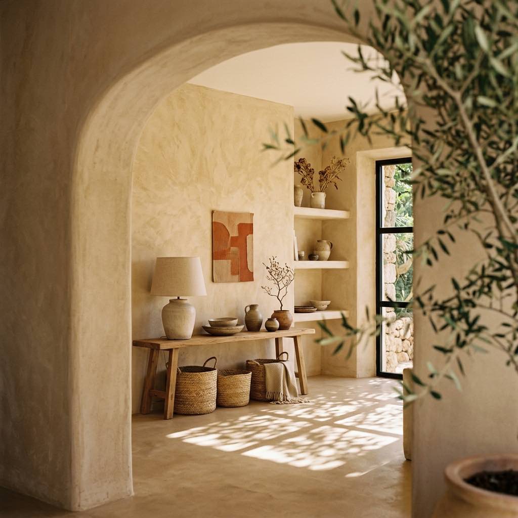 Rincón con arco de cal y estantería de obra en Can Olivera, Sant Rafael, Ibiza