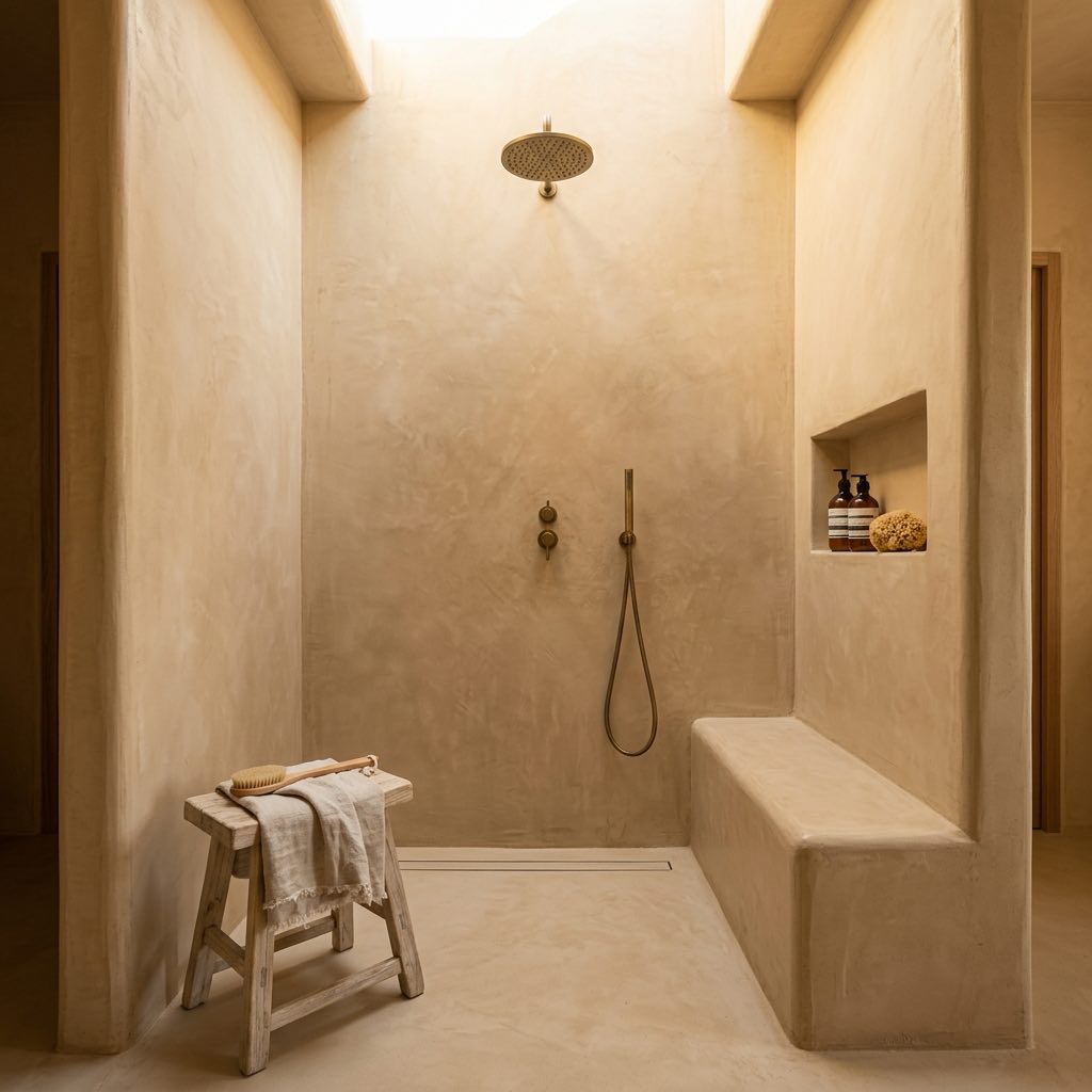 Ducha de cal esculpida con banco de obra en Can Olivera, Sant Rafael, Ibiza
