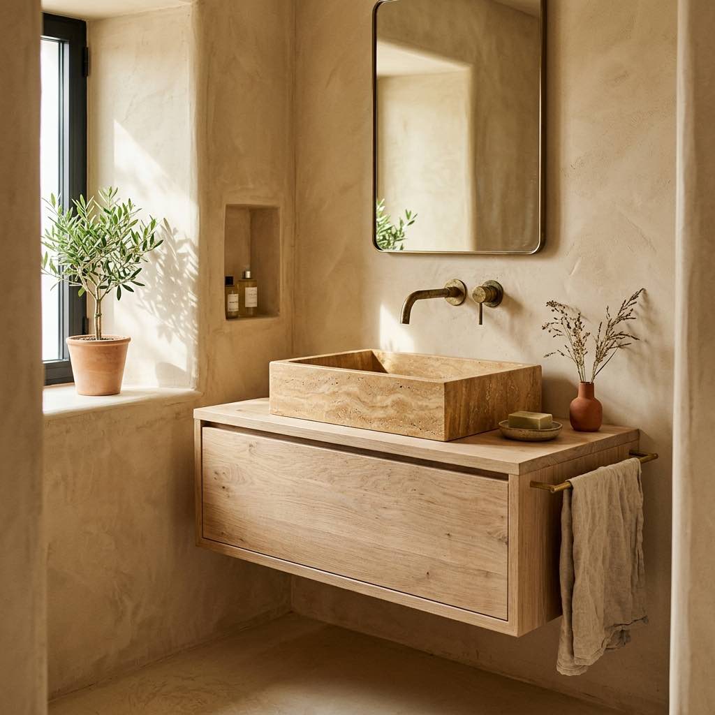 Baño de cal con lavabo de obra y madera en Can Olivera, Sant Rafael, Ibiza