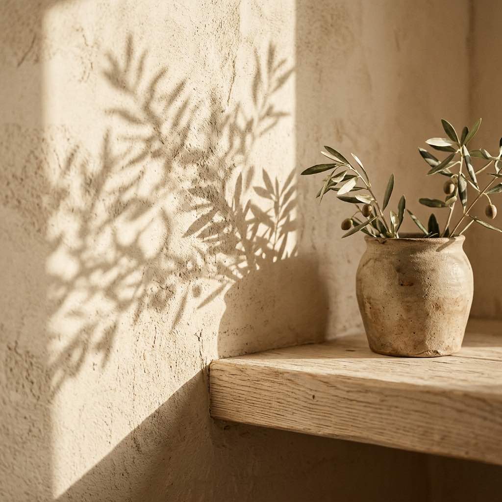 Detalle de banco de obra con cerámica y sombra de olivo en Can Olivera, Sant Rafael, Ibiza