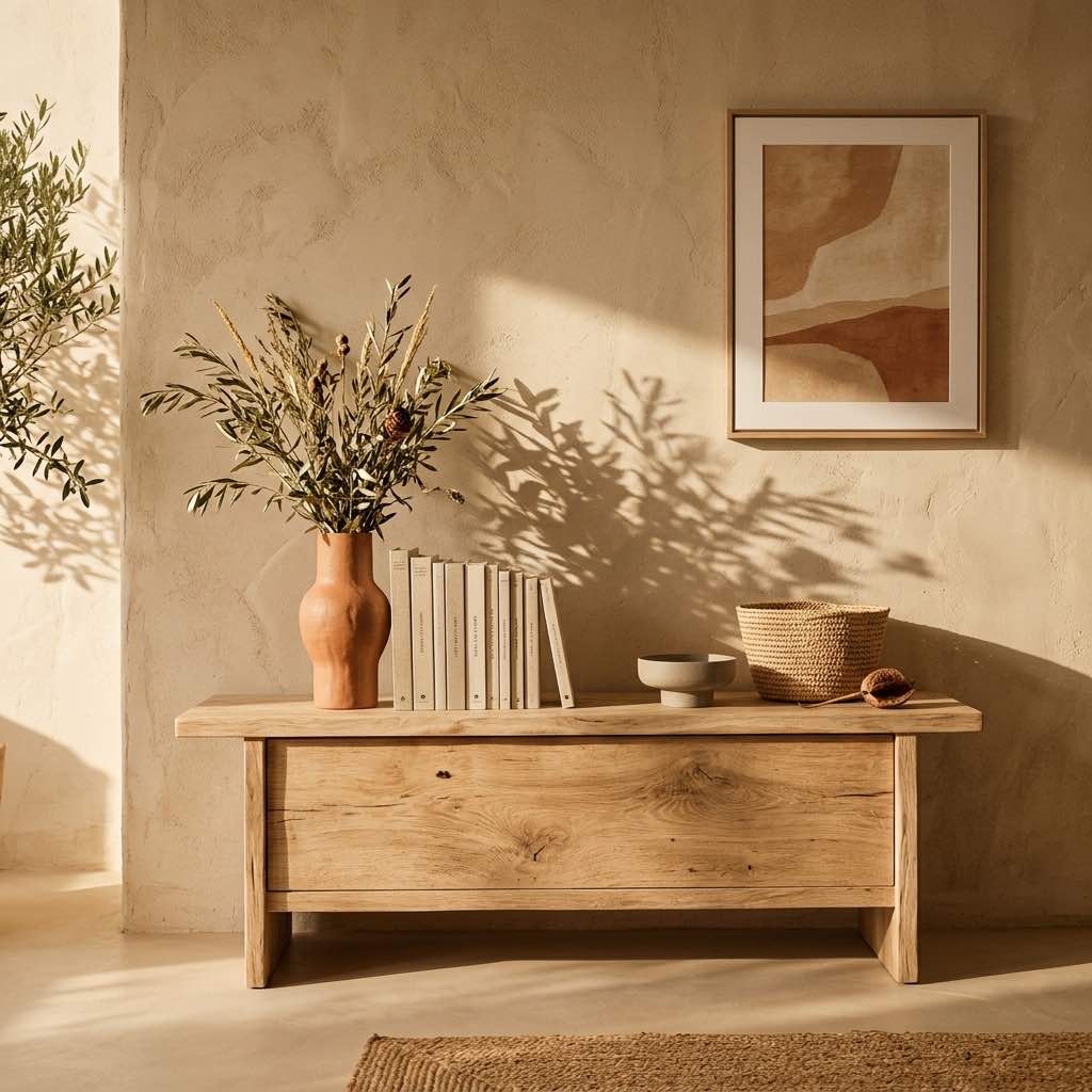 Recibidor con aparador de madera y cerámica artesanal en Can Olivera, Sant Rafael, Ibiza