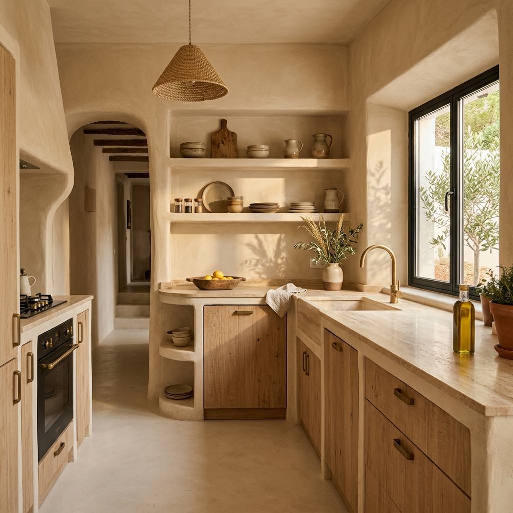 Cocina rústica de madera con cal esculpida en Can Olivera, Sant Rafael, Ibiza