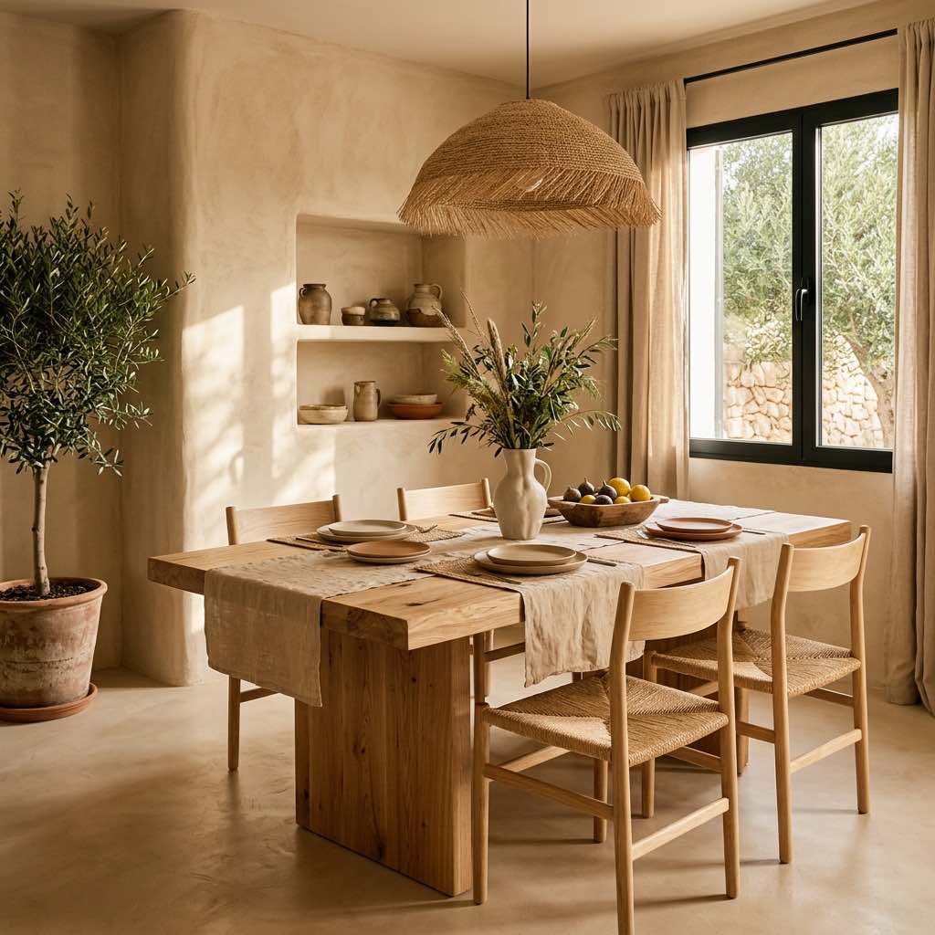 Comedor rústico con lámpara de fibra natural en Can Olivera, Sant Rafael, Ibiza