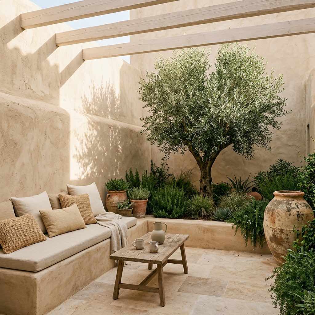 Patio interior con banco de obra y olivo en Can Olivera, Sant Rafael, Ibiza