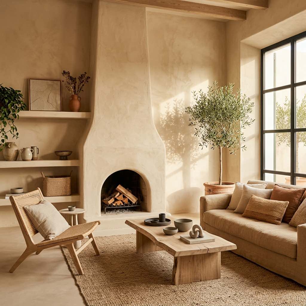 Salón con chimenea de obra y muebles de madera clara en Can Olivera, Sant Rafael, Ibiza