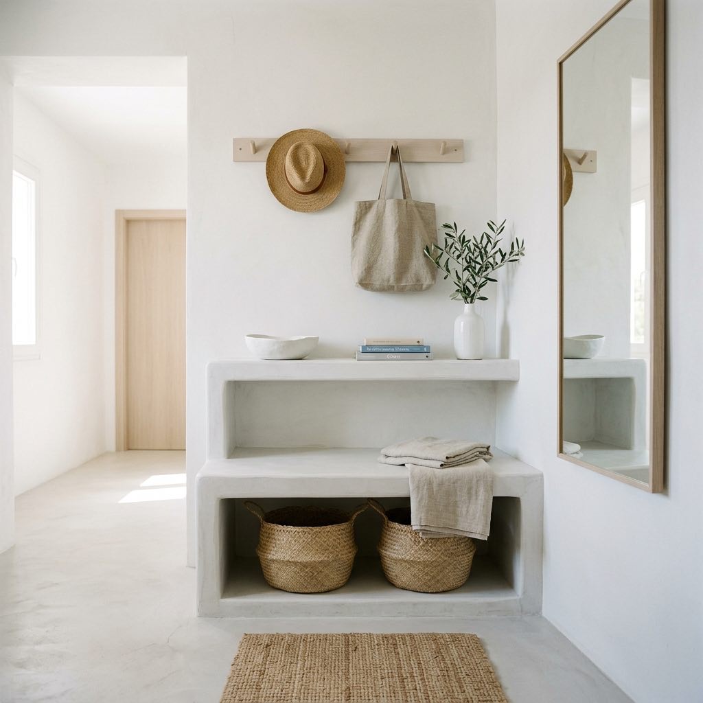 Recibidor de cal blanca con mueble de obra en Àtic Blau, Cala Moli, Ibiza