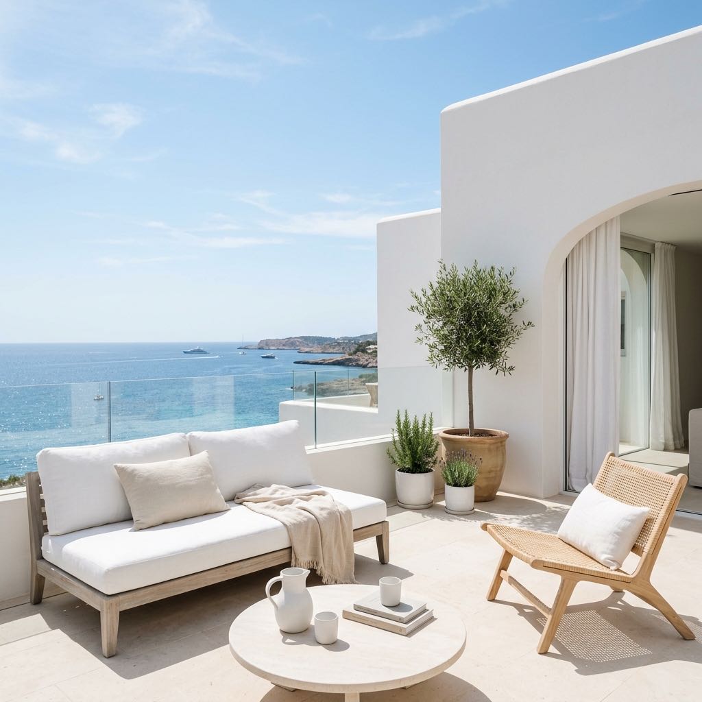 Terraza con vistas al mar y muebles de mimbre en Àtic Blau, Cala Moli, Ibiza