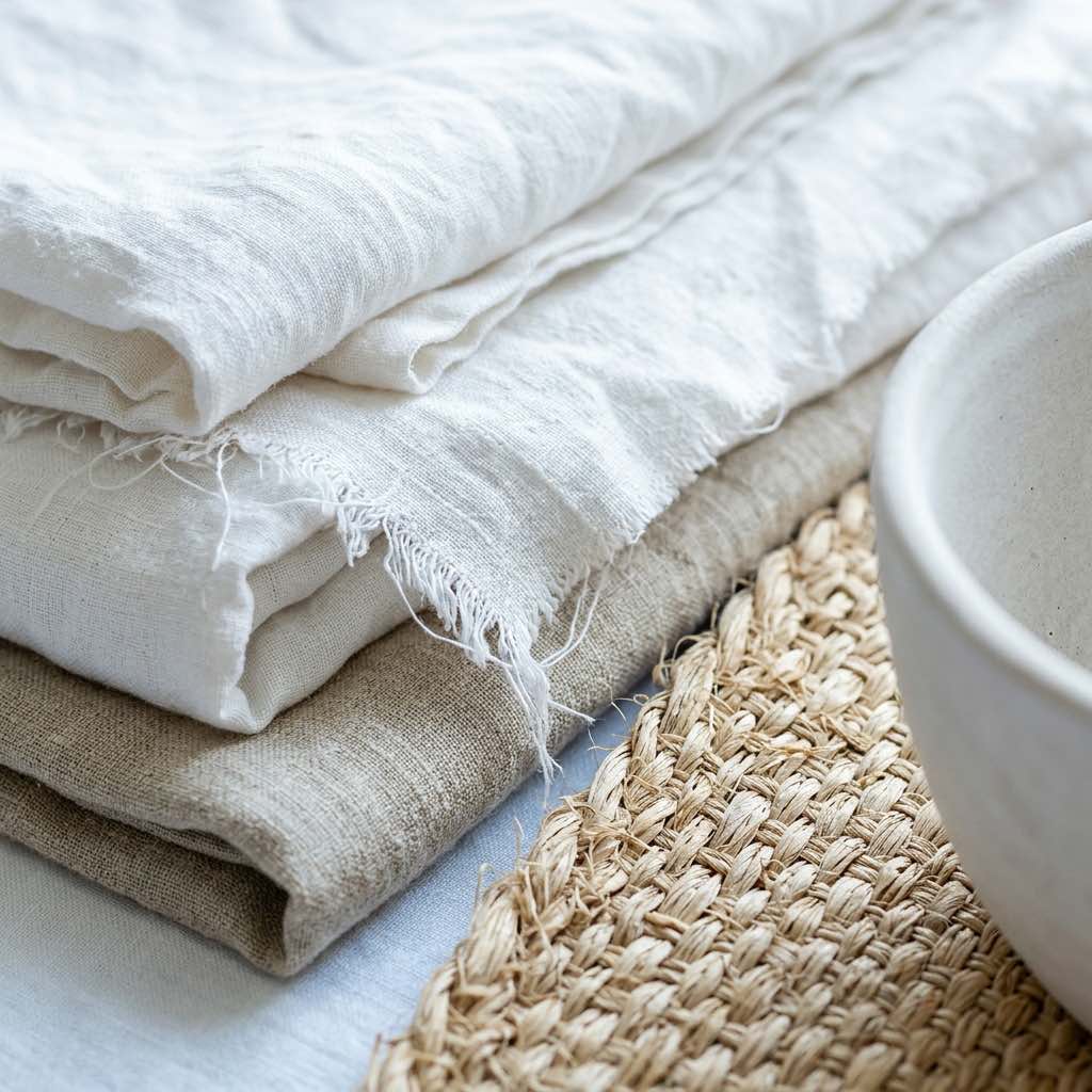 Detalle de textiles de lino natural en Àtic Blau, Cala Moli, Ibiza