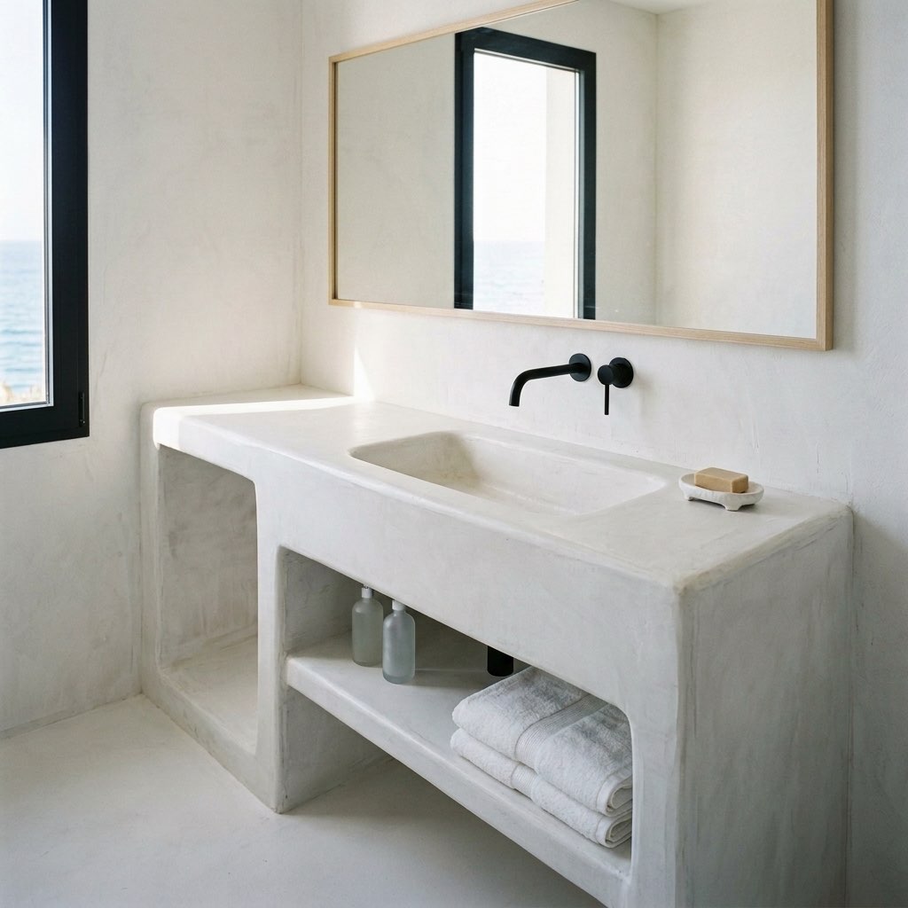 Baño de piedra clara con lavabo de obra en Àtic Blau, Cala Moli, Ibiza