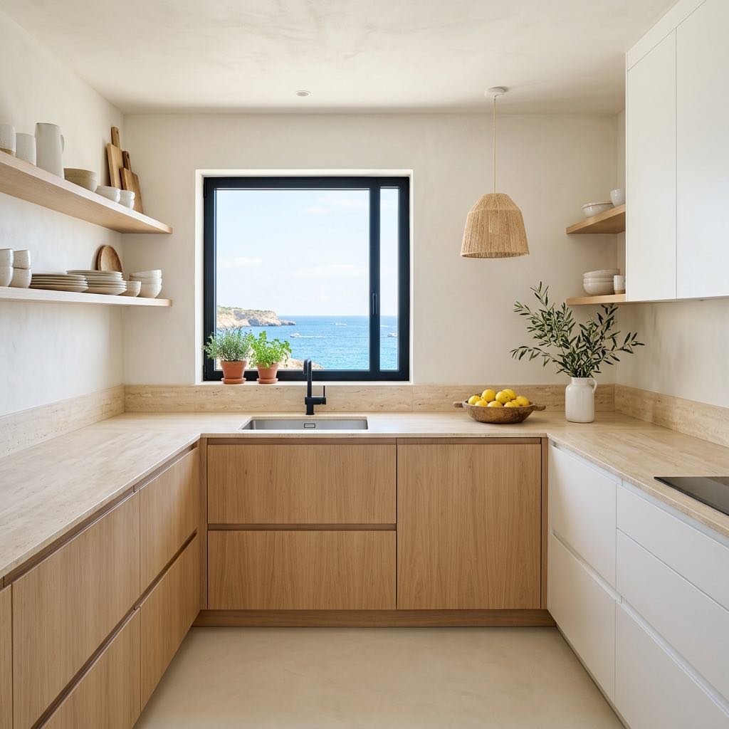 Cocina de roble claro con vistas al mar en Àtic Blau, Cala Moli, Ibiza