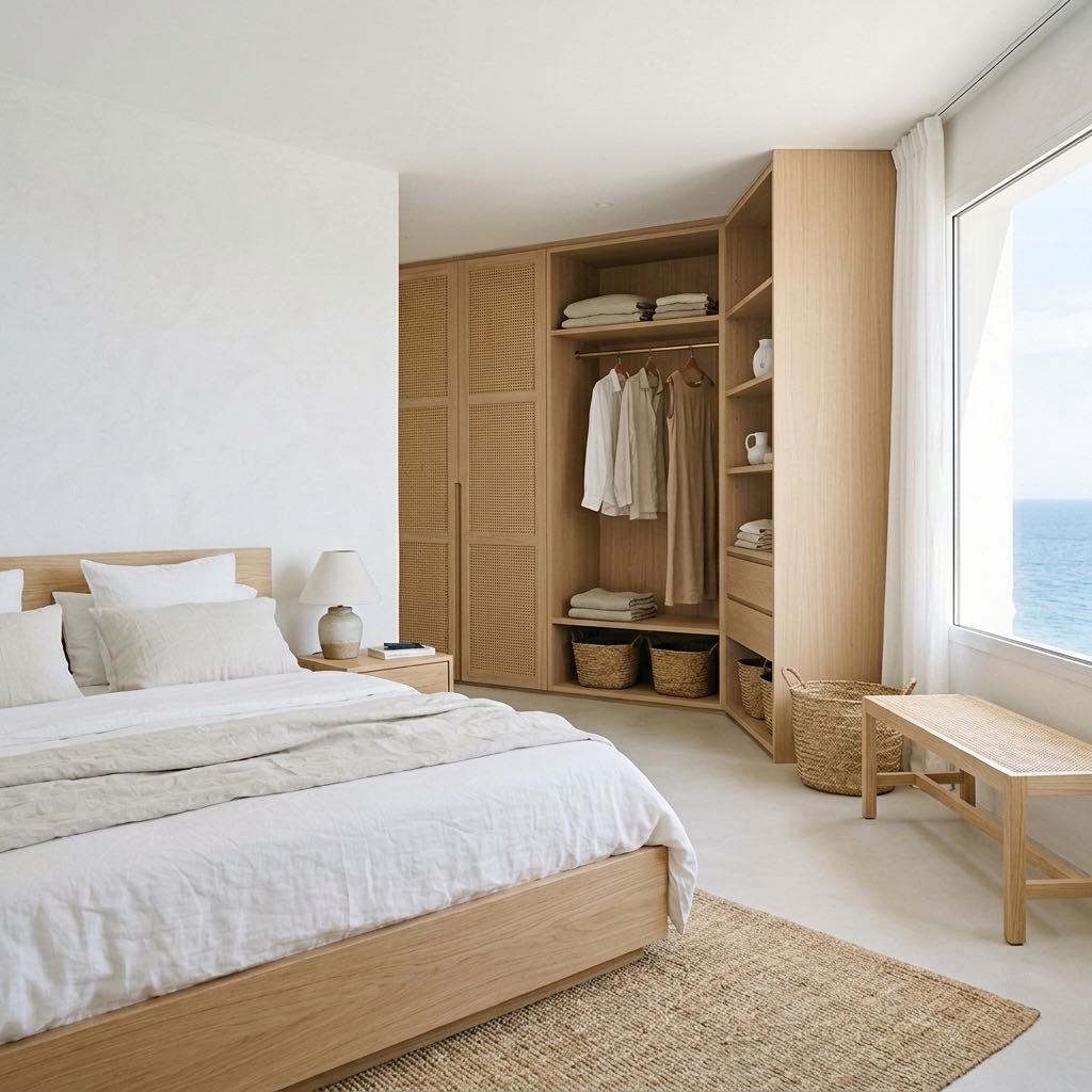 Dormitorio con vestidor de roble y vistas al mar en Àtic Blau, Cala Moli, Ibiza