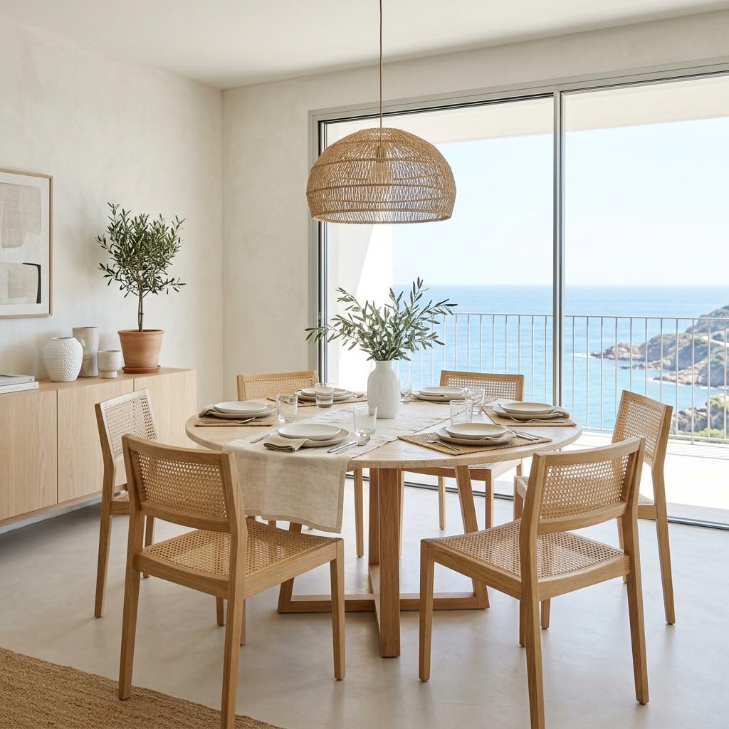 Comedor con vistas al mar y sillas de ratán en Àtic Blau, Cala Moli, Ibiza