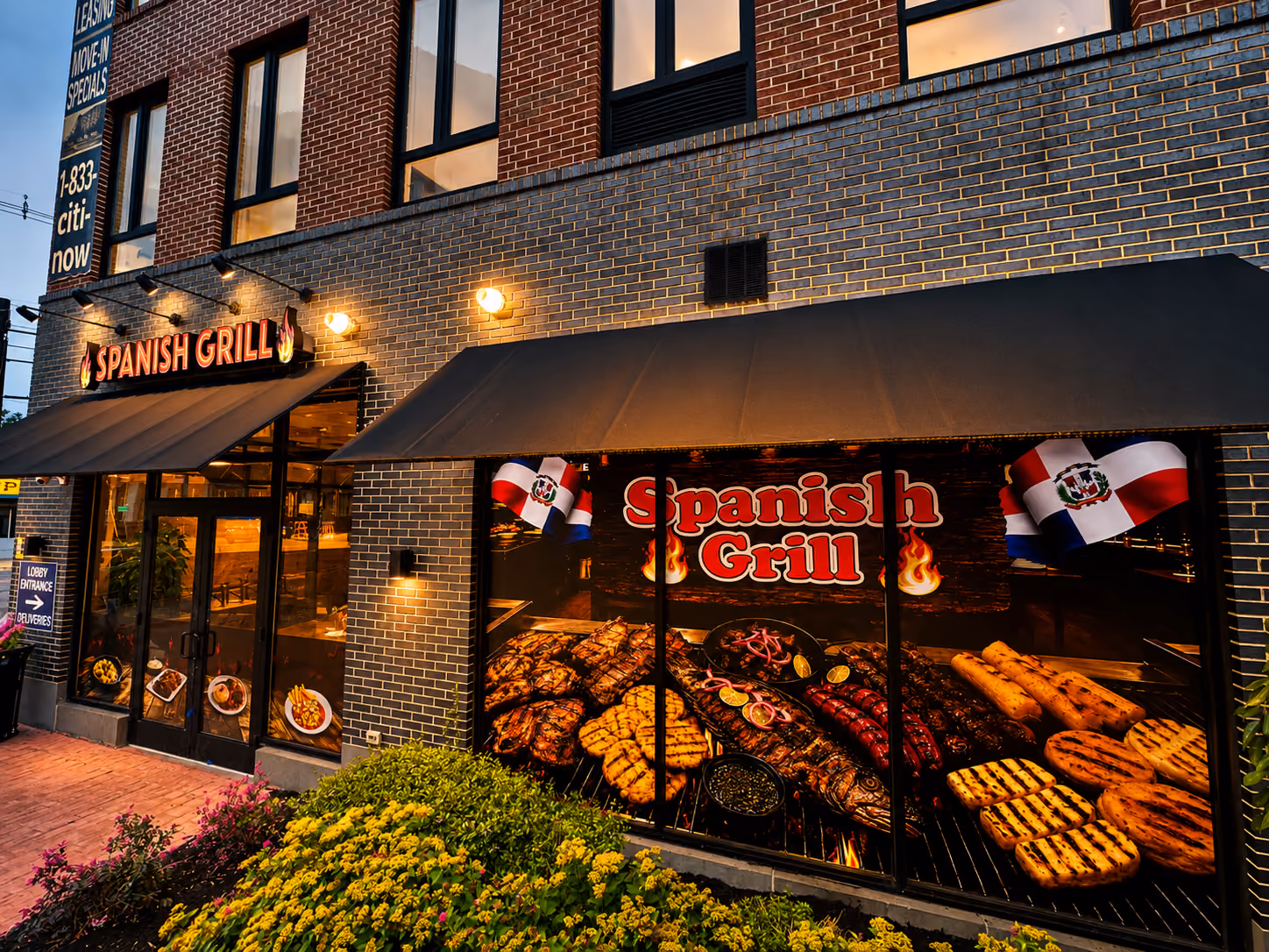 Spanish Grill restaurant exterior with grilled food images and Dominican Republic flags on windows.