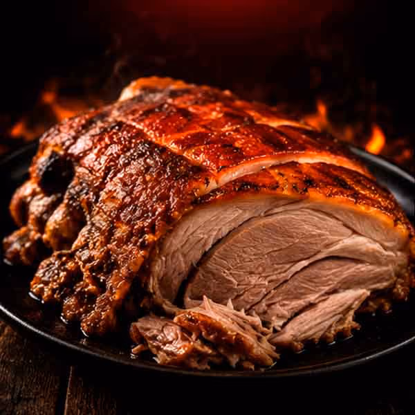 Roasted pork shoulder with crispy crackling on a black plate against a dark background with flames.