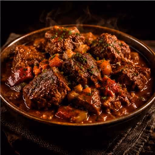 Bowl of steaming beef stew with chunks of meat, carrots, and herbs in rich sauce.