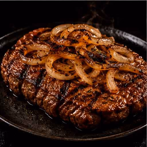 Grilled steak topped with sautéed onions on a black plate with steam rising.