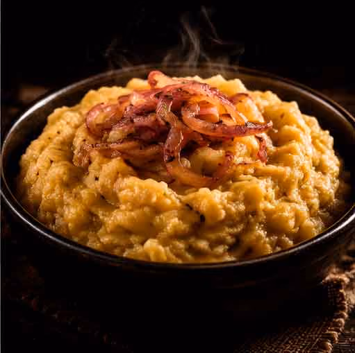 Bowl of steaming mashed yellow dish topped with sautéed red onions on a dark background.