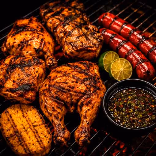 Grilled chicken, steak, sausages, pineapple slice, lime halves, and dipping sauce on a grill.