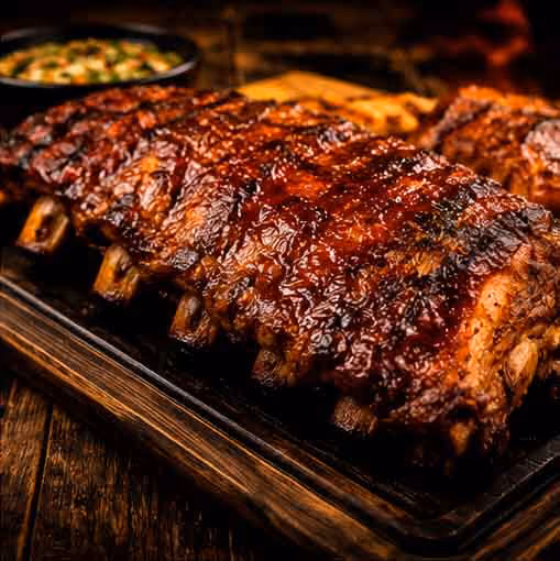 Glazed barbecue pork ribs on a wooden platter with a bowl of side dish in the background.