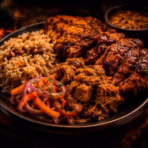 Plate with rice and beans, grilled meats, shredded meat, and pickled vegetables.