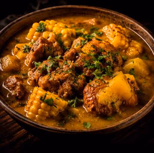 Bowl of hearty stew with beef chunks, corn pieces, potatoes, and fresh herbs in a rich broth.