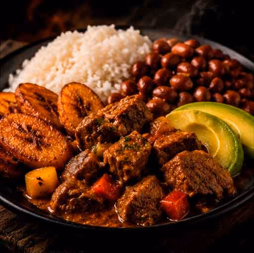 Plate with stewed beef, white rice, kidney beans, fried plantains, and sliced avocado.