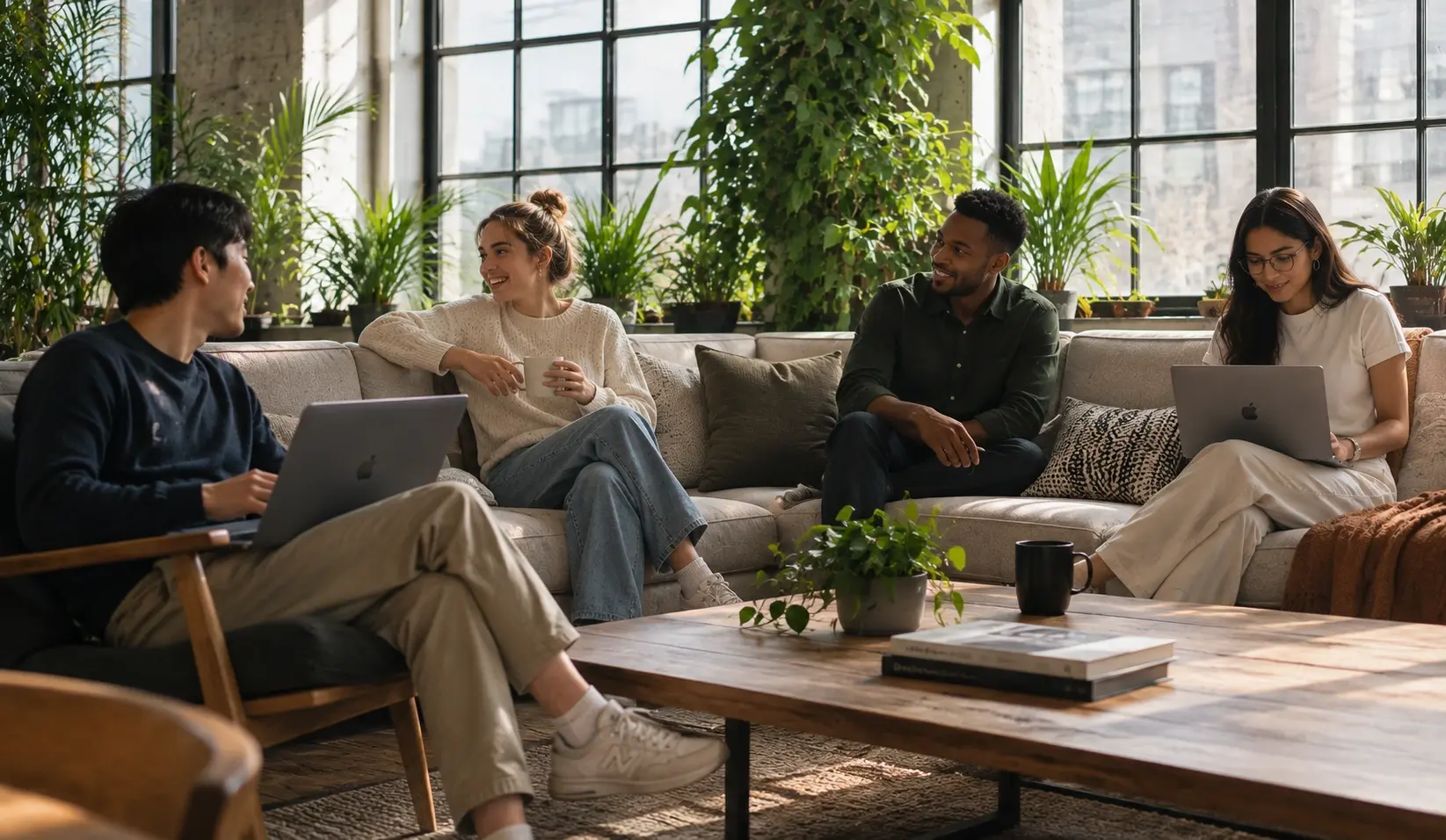 Four colleagues group working good in office