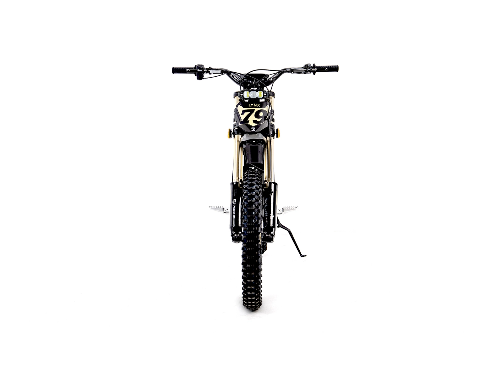 79 Bikes Lynx front view in black and gold.