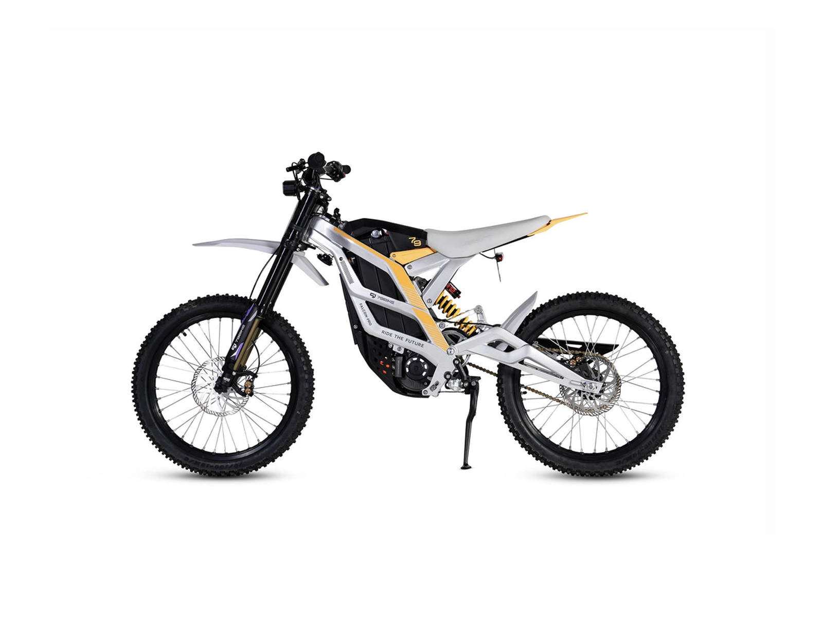 79 Bikes Falcon Pro side view in silver and yellow.