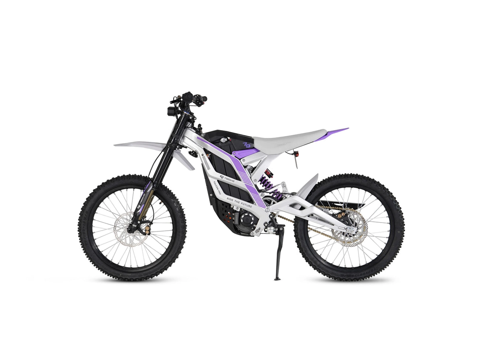79 Bikes Falcon Pro side view in silver and purple.