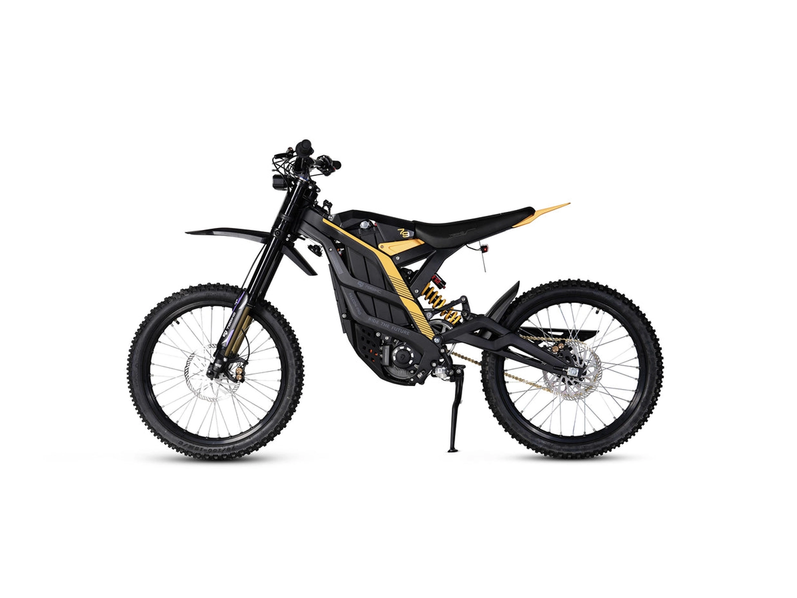 79 Bikes Falcon Pro side view in black and yellow.