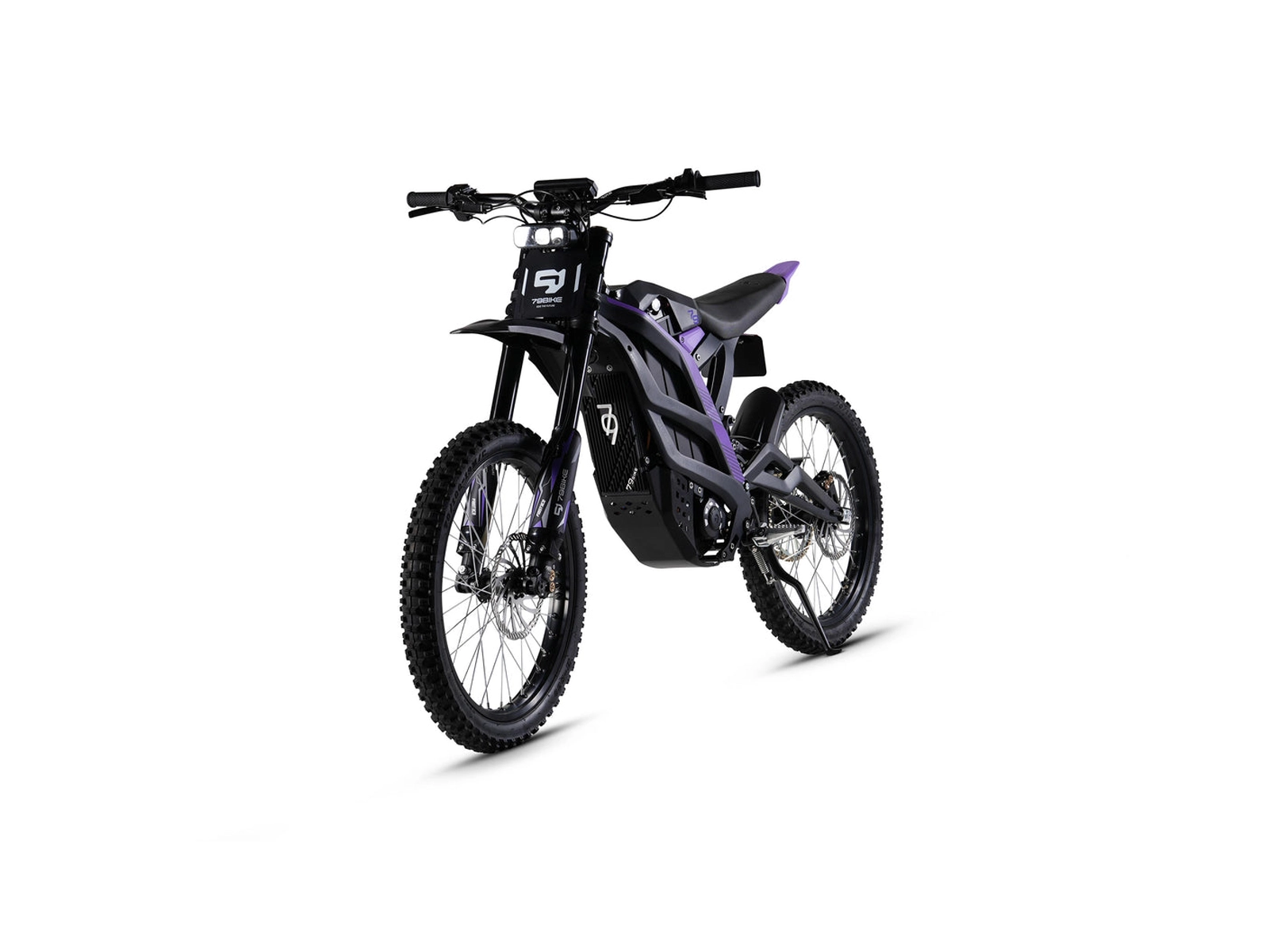 79 Bikes Falcon Pro front left angle view in black and purple.