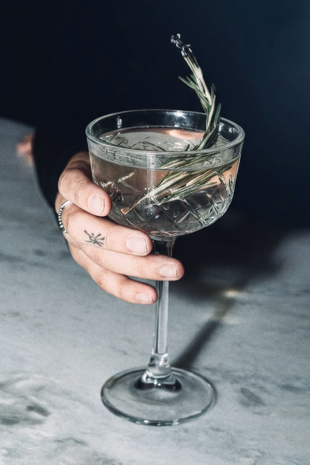 Hand holding a cocktail glass with ice and a sprig of rosemary garnish.