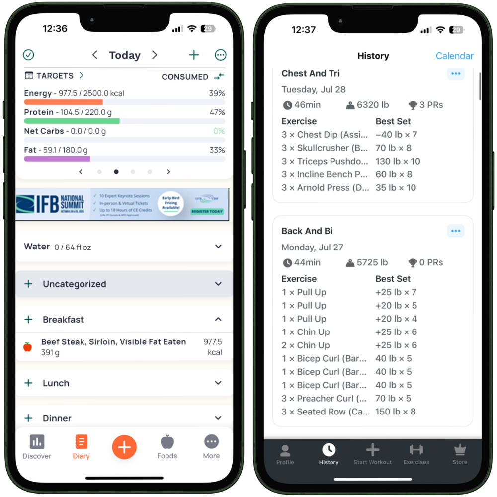 Two phones showing a macro tracking app and a workout tracking app