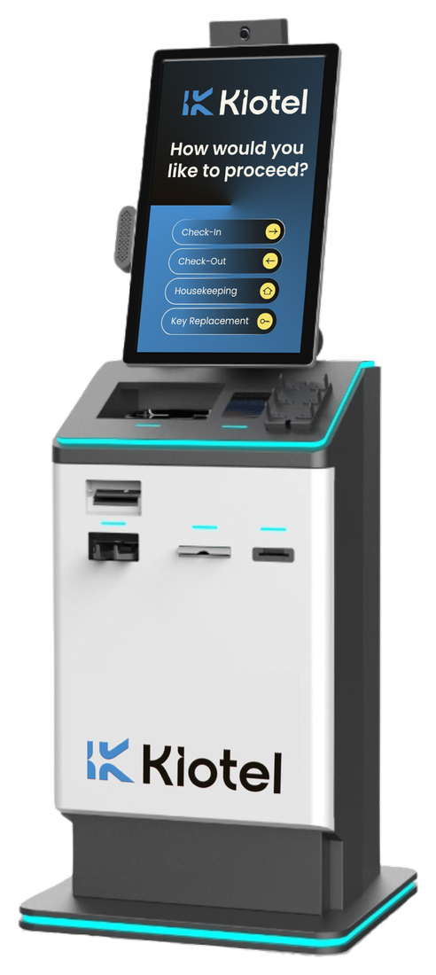 Kiotel self-service kiosk showing check-in, check-out, housekeeping, and key replacement.