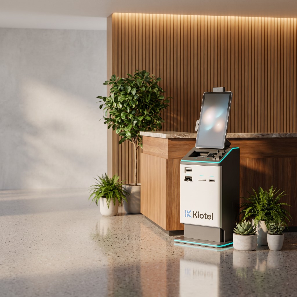 Kiotel self-service kiosk in a modern hotel lobby