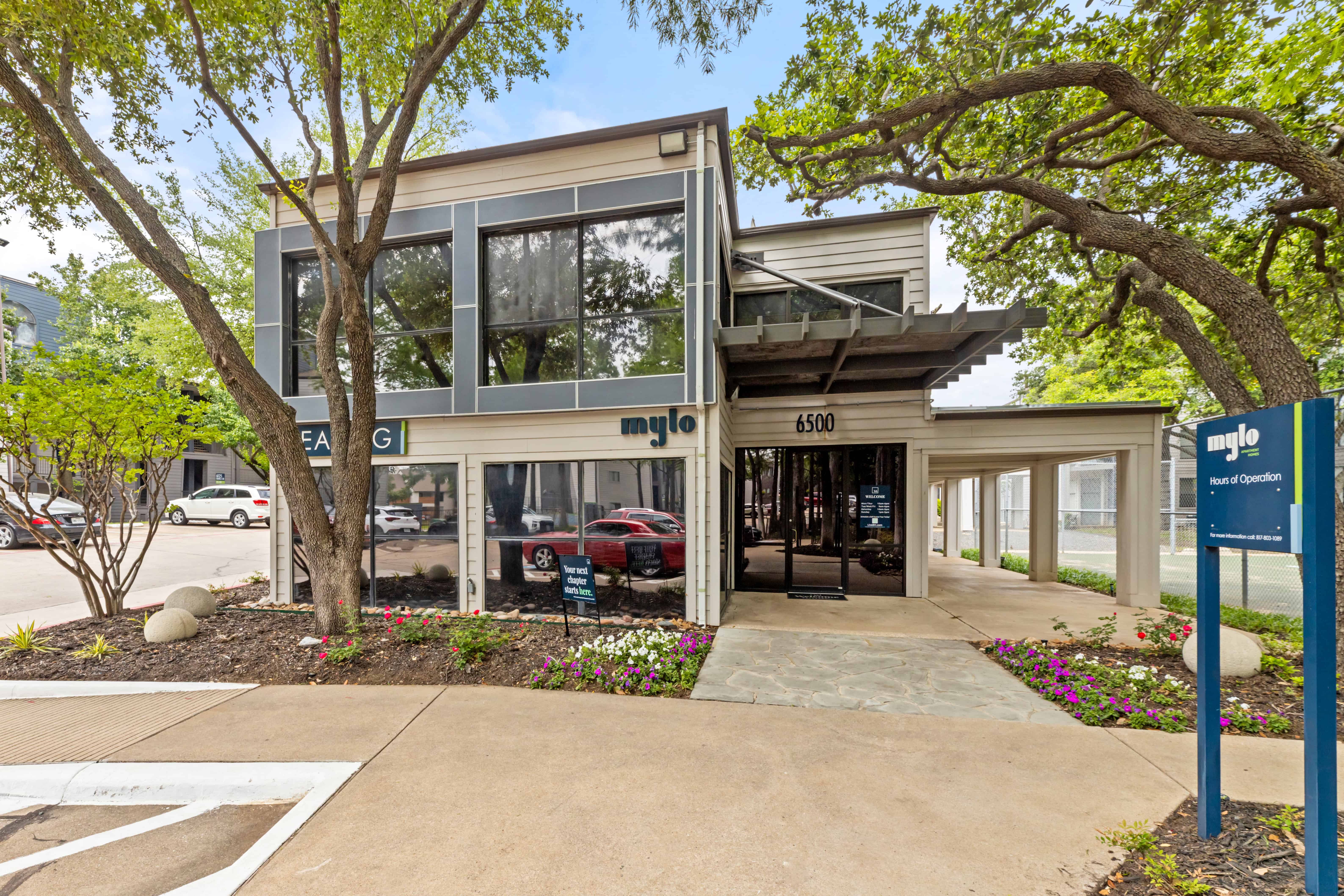 Outdoor view of residential apartment buildings at Mylo
