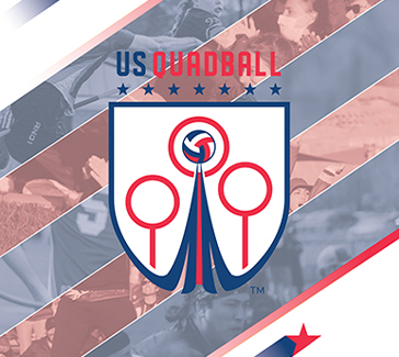 US Quadball league logo displayed over a collage of athletes and competition imagery, representing a national sports league rebranding project.