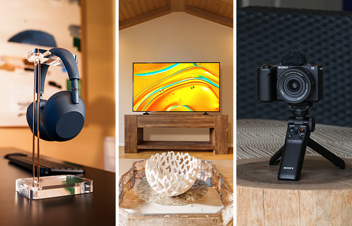 Collage of Sony headphones, BRAVIA TV, and camera products representing email, campaign, and lifecycle design work.