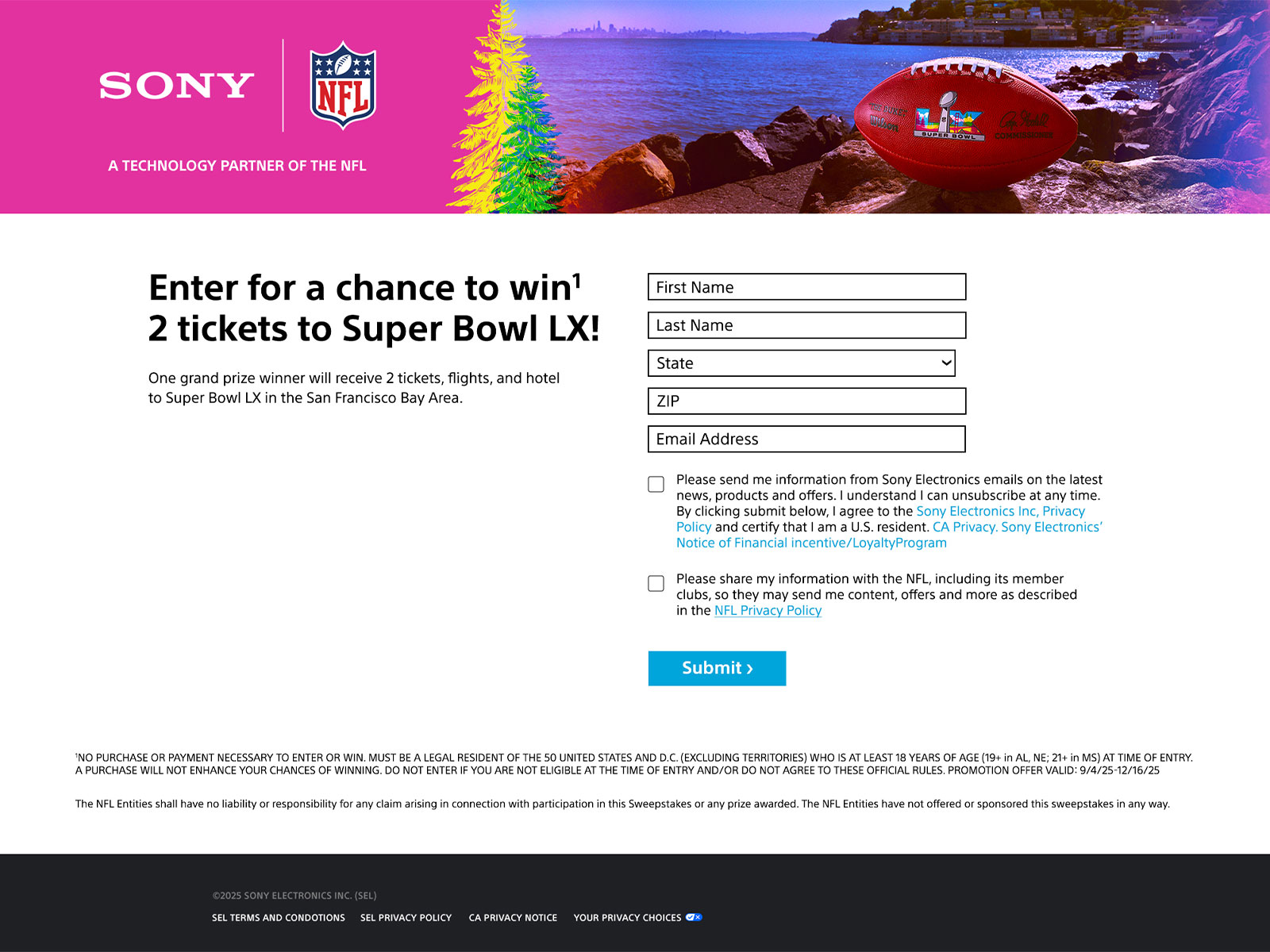 Sony and NFL sweepstakes landing page designed to capture entries through a promotional form experience.