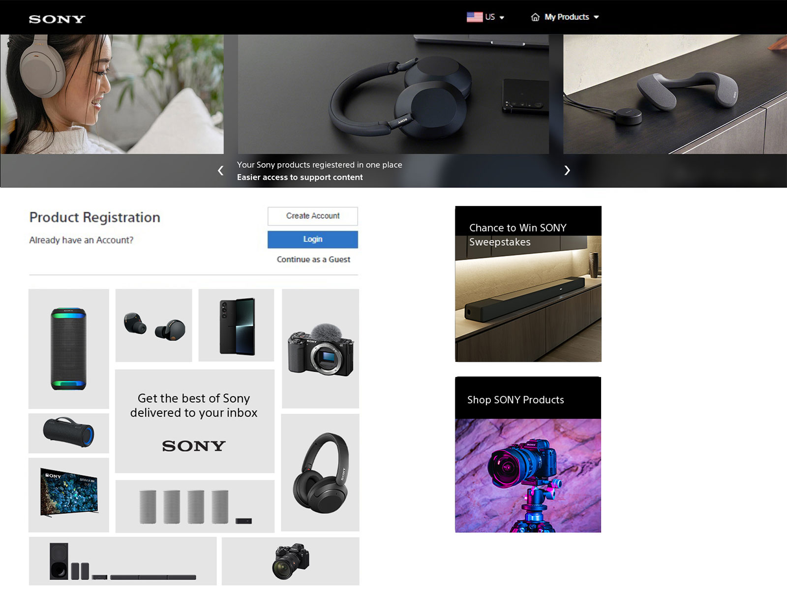 Sony product registration experience featuring personalized recommendations and product discovery modules.