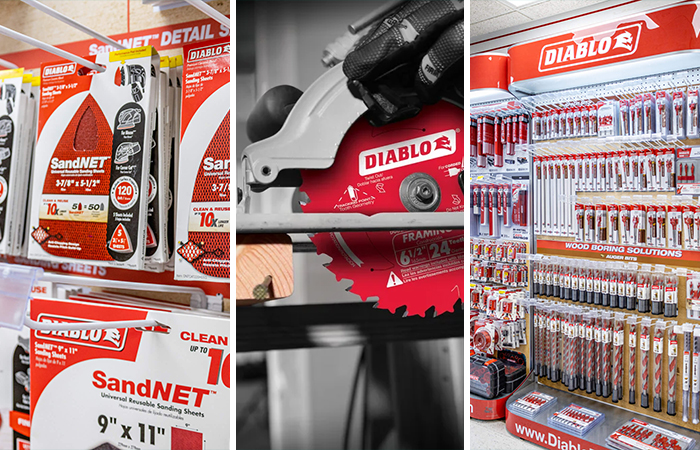 Diablo product packaging, power tool photography, and retail merchandising displays showcasing brand consistency across product and retail experiences.