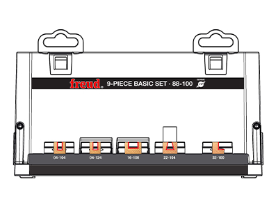 Packaging concept artwork for a Freud router bit set displaying product arrangement and structural packaging design.