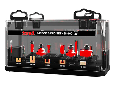 Final retail packaging design for a Freud router bit set featuring branded product presentation.