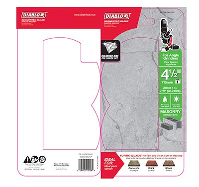 Packaging dieline design for Diablo masonry cutting blades showing structure, graphics, and retail packaging layout.