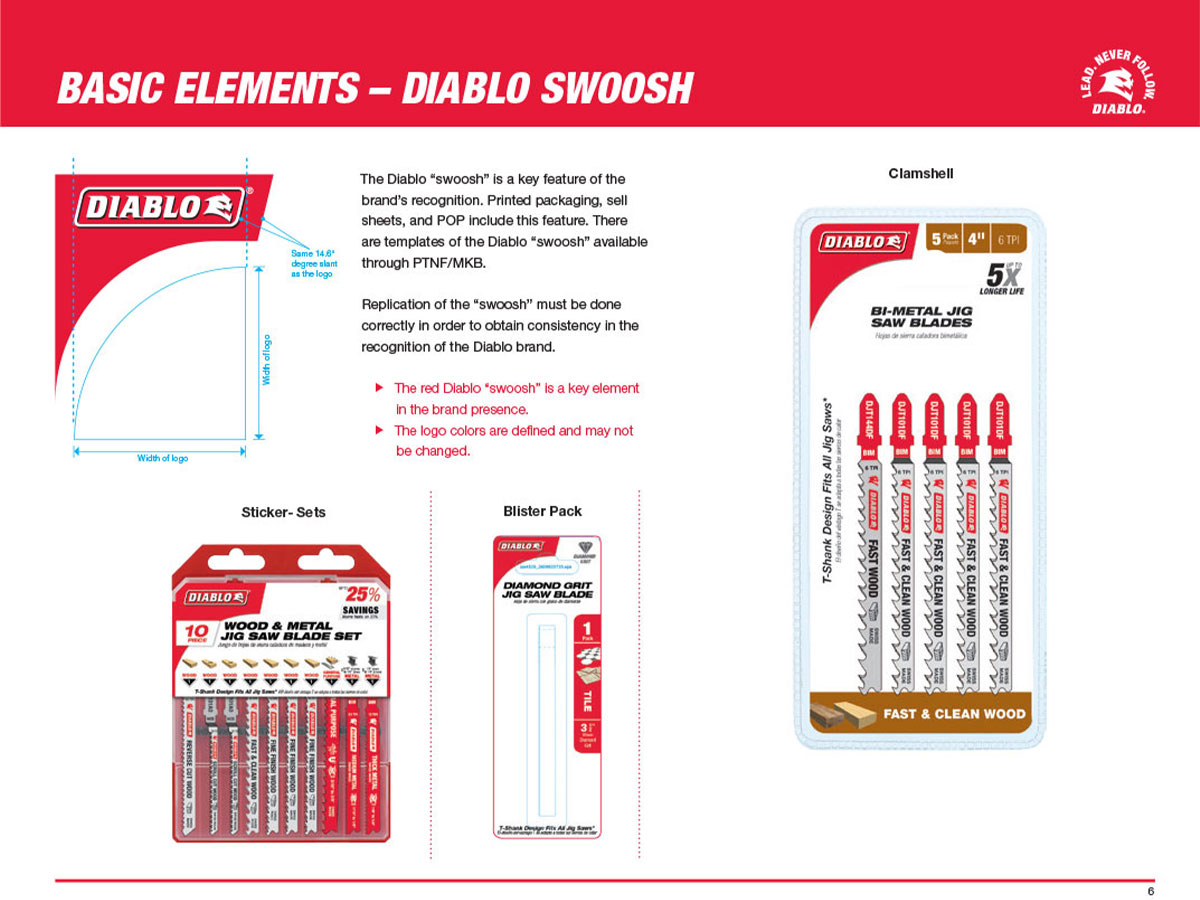 Diablo brand standards page detailing the construction and application of the Diablo swoosh graphic element.