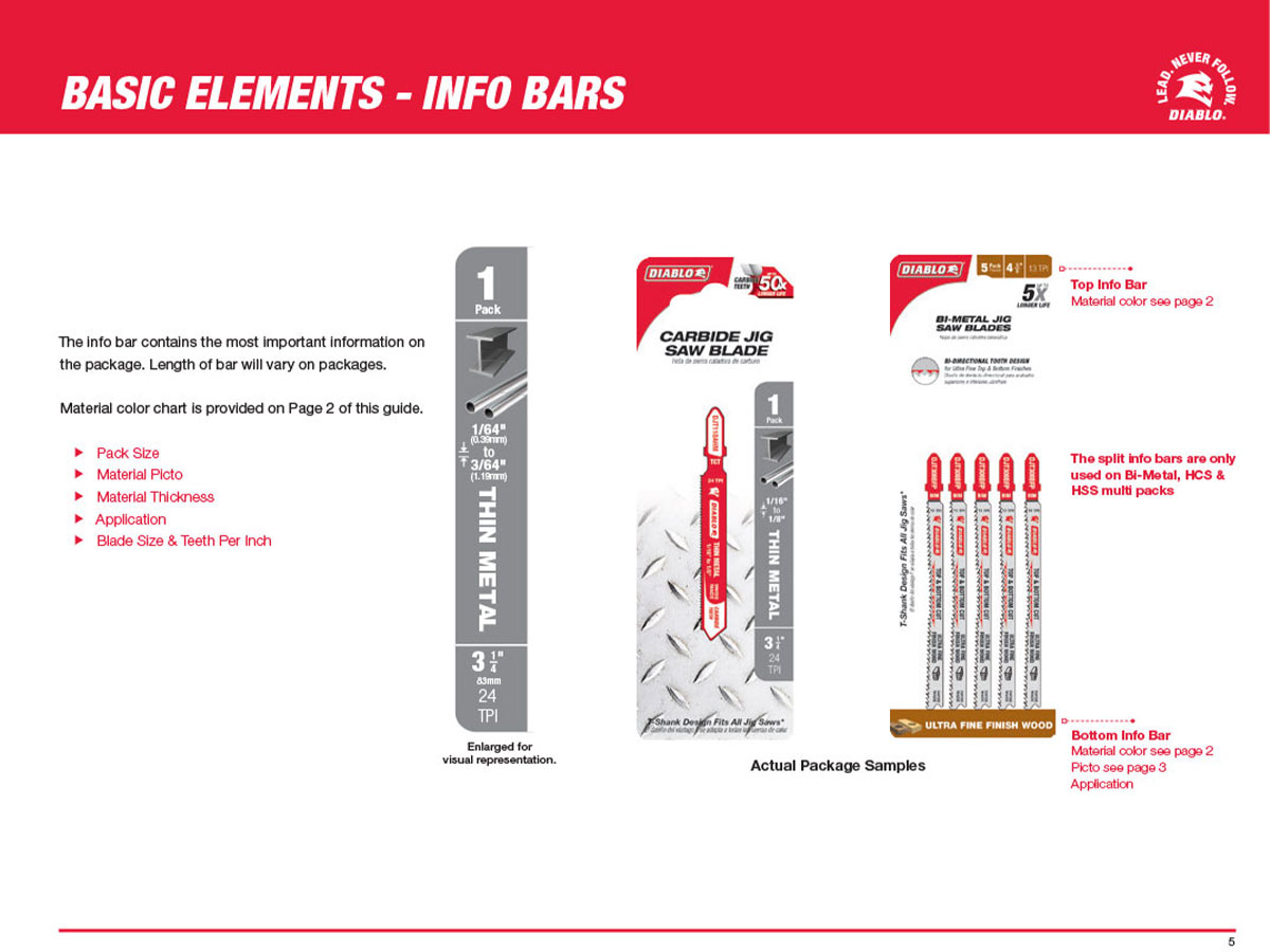 Diablo packaging standards page defining product information bars, hierarchy, and labeling systems.