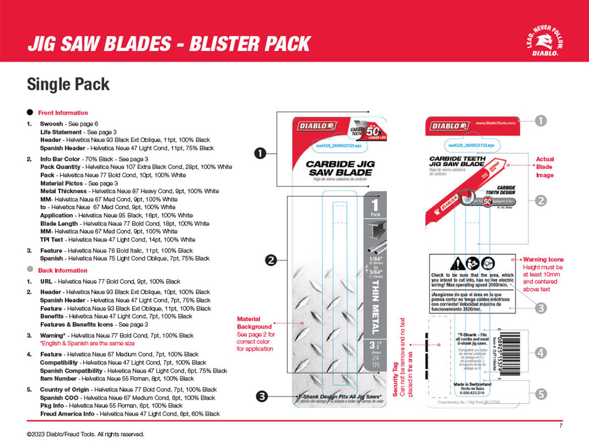 Packaging specification guide for Diablo jig saw blade products including layout and labeling requirements.